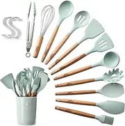 [ZCOINS] 12 Pieces+10 Hooks Silicone Cooking Utensils Set Kitchen Gadgets Turner Tongs Spatula Spoon with Wooden Handle for Nonstick Heat Resistant Cookware