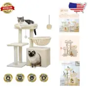 Stylish 28.5'' Beige Cat Tree with Hammock & Scratching Posts for Indoor Cats