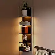 5 Tier Wall Shelf Unit, Black Modern Vertical Lack Wall Shelves with Light, Wall Mount, Floating Column Home Decor Shelves for Bedroom, Living Room, Vanity Storage Display