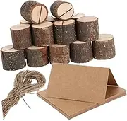 20Sets Rustic Wood Place Card Holders for Weddings and Events Tree Stump Design Table Number Stands with Cards and Jute Rope for Table Settings and Decor