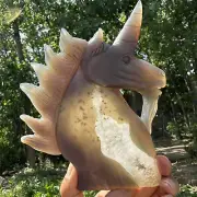 410g Natural agate geode unicorn skull qcrystal cluster quartz healing gift