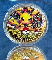 Abstract Pikachu Gold Coin - Pokemon Coin in Plastic Capsule - Rare Design - NEW