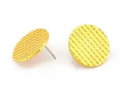 1 pair Checker Round Earring Stud Posts, Shiny Gold Plated Brass 21mm 4109