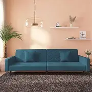 Convertible 2-Seater Velvet Sofa Bed for Small Living Spaces, Blue Pull Out Couch with Two Pillows