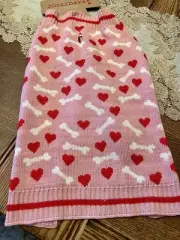 Jollidays Pet Dog Argyle Pink w Red Hearts White Bones Sweater M-17-22" NWT