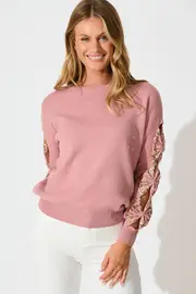 Kennedi Sequin Sleeve Detail Knit Full Length Sleeve in Pink Dusty Rose Wool Blend S/M