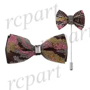 New in box Brand Q Men's bowtie lapel pin 2 piece set crystal red yellow pink