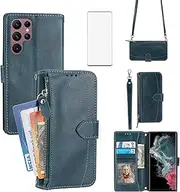 [Asuwish] Mobile Phone Case for Samsung Galaxy S24 Ultra 5G Case with Strap Film Screen Protector Card Slot Foldable Leather Wallet Stand S24Ultra 24S S 24 24Ultra Mobile Phone Cases Protective Cover
