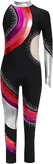 [TiaoBug] Kids Girls Sparkly Rhinestone Gymnastics Jumpsuit One Shoulder Long Sleeve for Dance and Performance