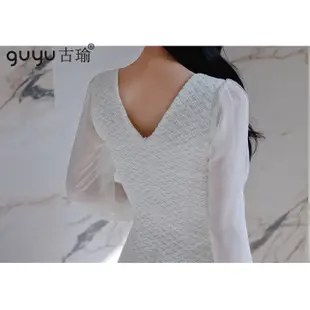 guyu古瑜 韓版洋裝【現貨S-XL】2022新款拼接雪紡長袖短板白色洋裝韓版合身連身裙酒會小禮服