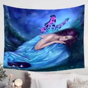 Fantasy Artwork Serenity Sleeping Cat and Butterfly Girl Tapestry