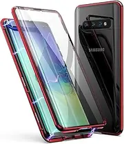 Case for Samsung Galaxy S10e, Magnetic Adsorption Metal Frame 360 Degree Full Body Mobile Phone Case Front Back Tempered Glass Protective Case One-Piece Ultra Thin Flip Transparent Cover, Red