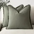 Set of 2 Decorative Linen Fringe Throw Pillow Covers Cozy Boho Farmhouse Cush...