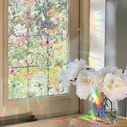 WBQMUNY Window Privacy Film,Butterflies Stained Glass Window Film,Rainbow Decorative Sun Blocking Static Cling Stickers for Room Home Decor 17.7" x 43.3"