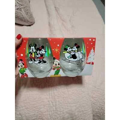 Disney Set of Stemless Glasses Mickey & Minnie Holiday Sledding Snow