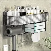 Shower Storage Rack Toilet Storage Rack Single Layer Metal Toiletries Storage Rack with Paper Towel Rack and Hairdryer Rack Kitchen Wall Mounted Metal Seasoning Storage Rack No Punching Shower Caddy(B