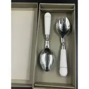New Boxed Salad Serving Set White Stone Handles 10"