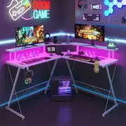 Advwin L Shaped Desk RGB LED Gaming Desk Corner Study Table Workstation with Monitor Stand White