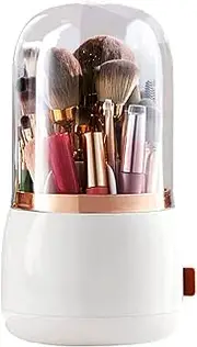 Makeup Brush Holder, Dustproof & Waterproof Make Up Brushes Container, 360 Rotating Cosmetics Make up Brush Organizer Storage with Lid for Vanity and Bathroom (White)