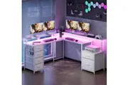Advwin L Shaped Gaming Desk with LED Lights & Power Outlets Convertible Computer Desk with Monitor Stand White