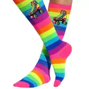 Girls Socks Rainbow Stripe Knee High Stockings Kids Skating Party Roller Skates