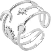 [Wozya] Vintage Multilayer Star Moon Sun Stainless Steel Rings for Women Girl Personalize Hollow Line Charm Adjustable Men Ring Jewelry J255-Silver Color Resizable