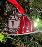 2021 Fire Truck Engine #1 Metal Hard Hat Silver Ornament Red Sparkle New 3.5”