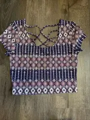 Charlotte Russe Crop Top For Women Blue Maroon Print Medium Open Upper Back NWT