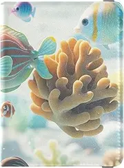 [Amooorous] Cartoon Cute Colorful Fish Coral Leather decorative Passport and Vaccine Card Holder Combo Wallet Combo Travel Passport Wallet Ultra Slim, Cartoon cute colorful fish coral, 1 size