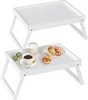 Bed Tray Table with Folding Leg, Bamboo Breakfast in Bed Tray for Eating, Breakfast Bed Trays for Kitchen Serving, Food Tray, Sofa, Snacking, Laptop Desk Dinner Tray in Bed, 2 Pack(White)