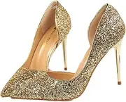 [BESTYASH] Comfortable High Heels for Women Sequins Pointed Toe Thin Heel Fashion Dress Shoes Ideal for Party Size 38 Eu38 Us7 Uk4.5 Golden