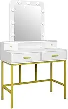 Maxkon Hollywood Glam Makeup Vanity Table with Mirror, LED Lights, 4 Drawers, White and Gold