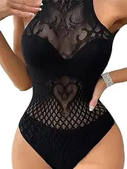 [JOSIMUID] Fishnet Bodysuit Womens Lingerie Mesh Sexy Outfit for Women Mesh Body Suit Teddy lingerie, Black(pat6), One size