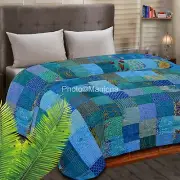 Handmade Indian Patchwork Turquoise Kantha Quilt King kantha Throw Blanket