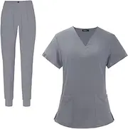 [Colaxi] Women's Scrub Sets Nurse Work Uniforms Workwear Elastic Waistband V Neck Scrub Top Jogger Scrub Pants for Beauty Salon Female