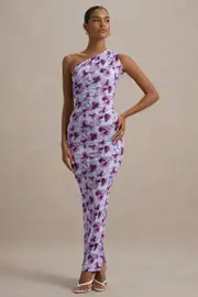 Venetia | Purple Floral Print One-Shoulder Tie-Back Maxi Dress