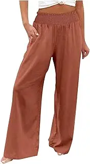 Womens Summer Cotton Linen Pants Drawstring Elastic High Waist Loose Fit Casual Lightweight Wide Leg Vacation Bottom
