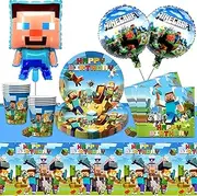 Game Party Tableware Set, 44 Pieces Video Game Party Decoration Set, Children's Birthday Tableware Accessories with Plates, Cups, Napkins, Tablecloths, Balloons, Birthday Decoration Party Tableware
