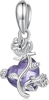 [luvhaha] Rose Charms with Heart 925 Sterling Silver Flower Dangle Pendant Bead Girl Jewelry Gifts for Bracelet&Necklace&Bangle, Sterling Silver