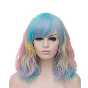 Mixed Color Wigs for Women Gothic Wig Evaner Wavy Wig Short Bobo Wigs with Air Bangs Shoulder Length Women's Wig Curly Wavy Synthetic Cosplay Wig Pastel Bob Wi