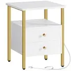 End Table with Charging Station, Bedside Table with 2 Drawer 1 White and Gold