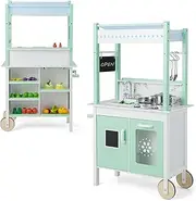 HONEY JOY Double-Sided Pretend Play Kitchen, Kids Wooden Kitchen Playset w/Remote Control & LED Light Bars, Grocery Stand, Towel Rack & Smooth Wheels, 17 Abundant Accessories, Kitchen Toy for Kids 3+
