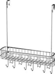 Over The Door 11 Hook Organizer Rack with Basket Storage, Chrome