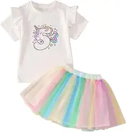 [AFUKUIA] Toddler Baby Girl Birthday Unicorn Outfit Cute Short Sleeve Shirt Top Colourful Tutu Skirt Cake Smash Clothes Set