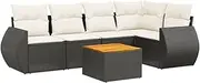 vidaXL Garden Sofa Set - 6 Piece Black Rattan Outdoor Furniture with Cushions, Modular Patio Seating, Weather-Resistant, Acacia Tabletop