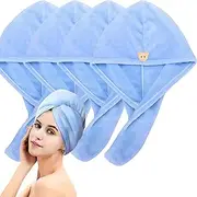 Spendeal 4 Pack Microfiber Hair Towel Wrap for Women - Fast Drying Hair Turbans Microfibre Hair Towel for Long, Thick, Curly Hair - Super Soft Hair Wrap Towels (4, Blue)