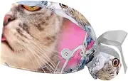 [WOSHJIUK] Working Hat 2 Pack Scrub Caps for Women,Funny cat,Tie Back Cap Adjustable Scrub Hat