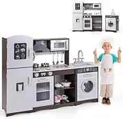 HONEY JOY Kids Kitchen Playset, Corner Play Kitchen Toy Set with Light & Sounds, Interactive w/Stove, Sink, Ice Maker, Microwave, Washing Machine, Range Hood, Phone, Accessories, for Kids Aged 3+