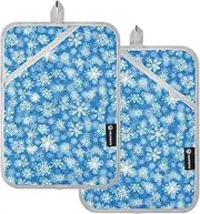 Oven Pot Holders Heat Resistant Merry Christmas Snowflakes Blue Potholders with Pockets Cooking Hot Pads Oven Mitts 2 Pack