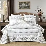 DUOHONG 100% Cotton Quilted Bedspread Coverlet Set Queen Size, Queen Lightweight Quilt with 2 Pillow Shams, Boho Quilted Coverlet Bedding Set Bohemian Bed Blanket for Queen Bed, White
